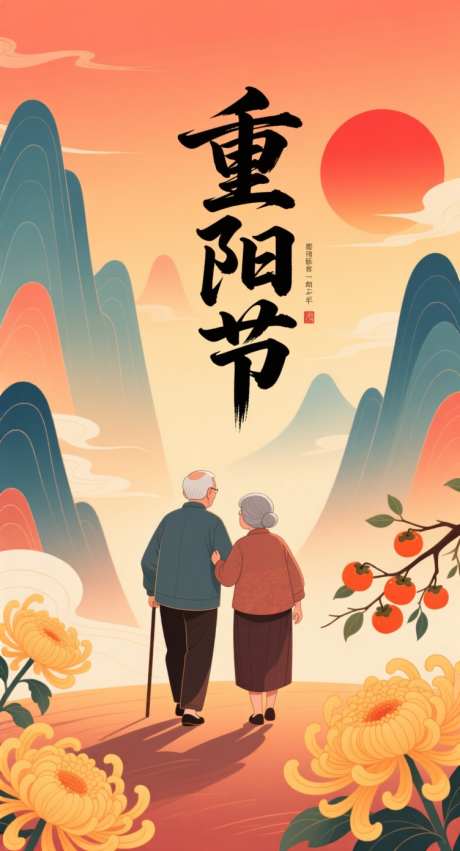 重阳节海报_AI图片下载_采样_752X1392像素-菊花,落日,夕阳-作品编号:2025101409317649-志˓设˜网