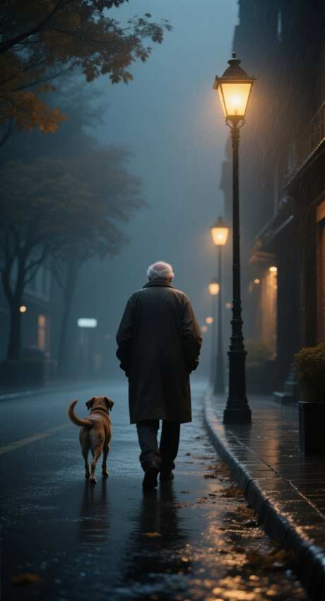 孤独的老人与狗_AI图片下载_采样_752X1392像素-下雨,孤独,路灯-作品编号:2025101410385145-志·设˯网