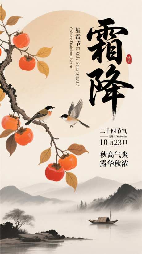 中国风水墨山水霜降插画_AI图片下载_dpmpp_2m采样_720X1280像素-海报,节气,霜降-作品编号:2025101417453226-志ˉ设˯网