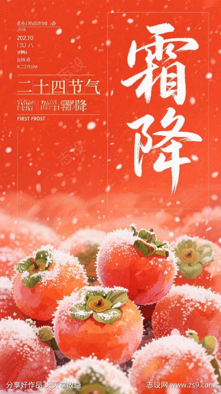 红色写实霜降节气海报
