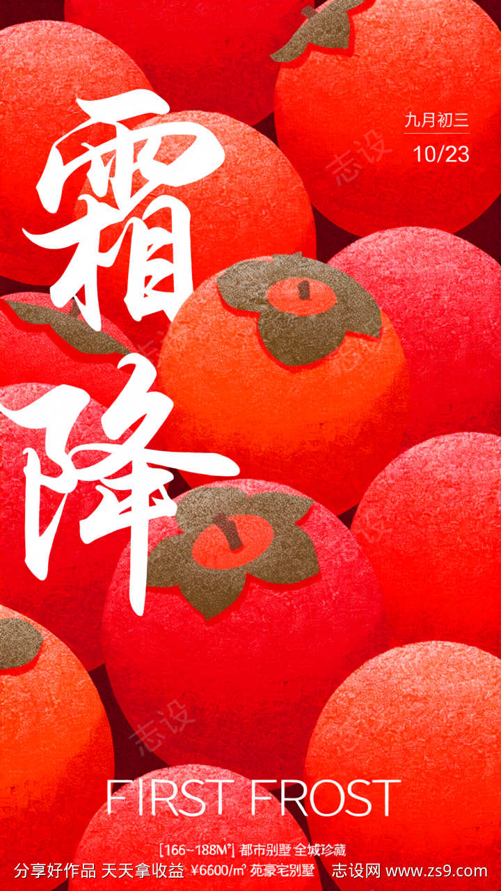 红色柿子霜降节气海报