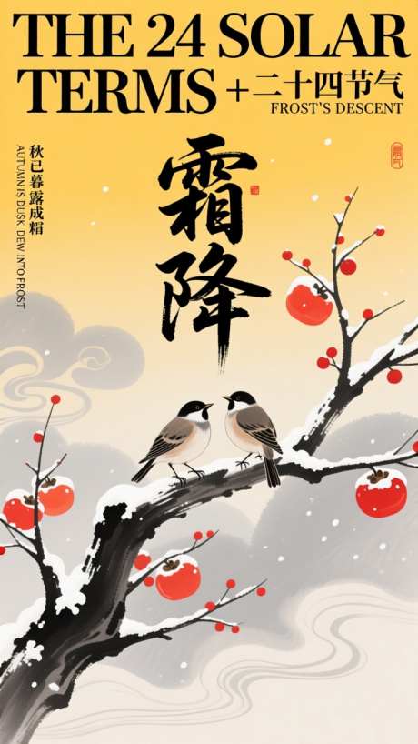 柿子树枝头小鸟霜降节气海报_AI图片下载_dpmpp_2m采样_720X1280像素-节气,霜降,二十四节气-作品编号:2025101511529194-志·设ˌ网