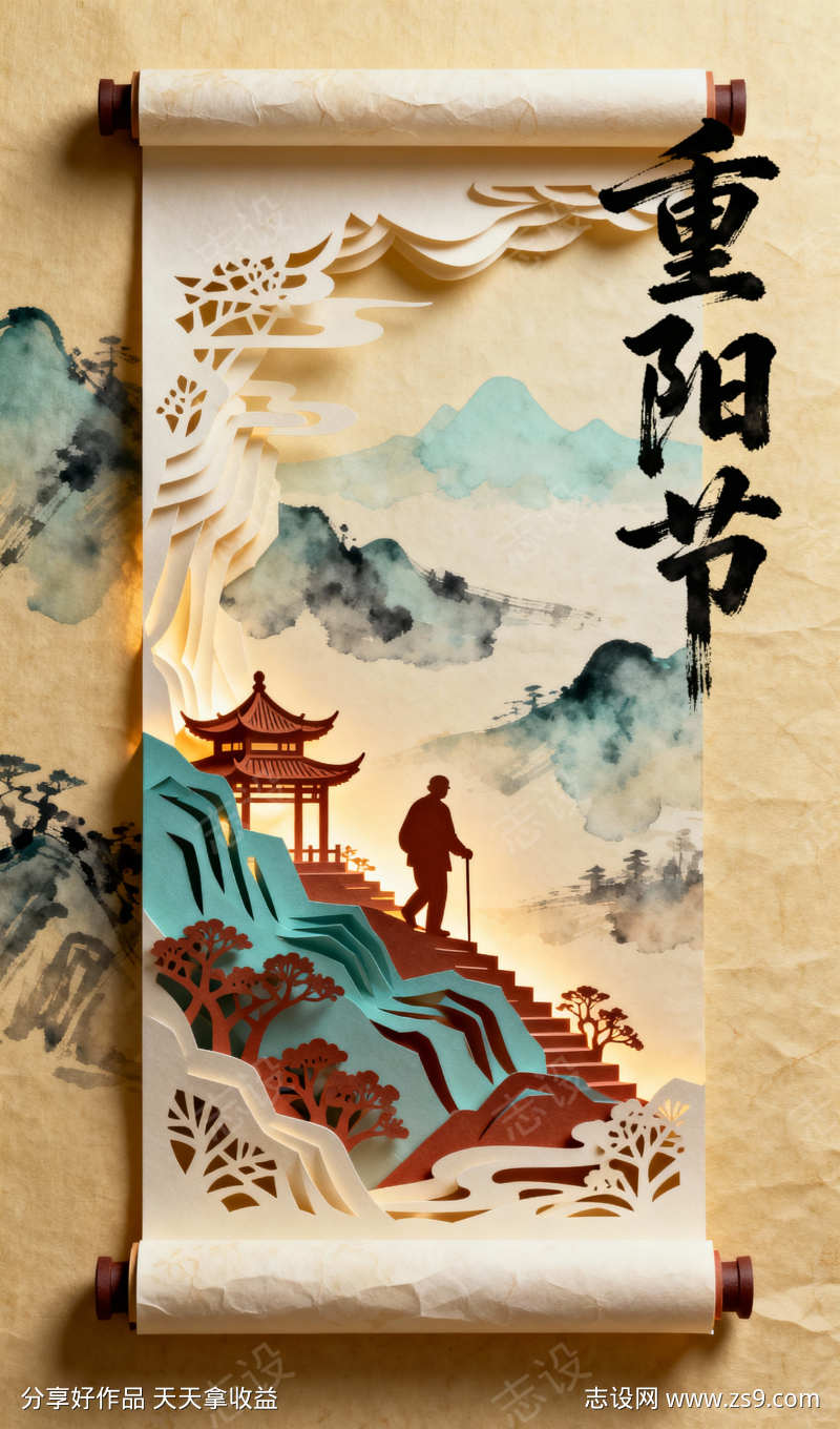 立体纸雕重阳节插画海报
