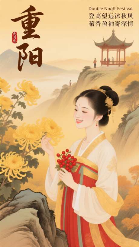 重阳节工笔海报_AI图片下载_euler采样_720X1280像素-亭台,茱萸,菊花-作品编号:2025101609405765-志,设˰网
