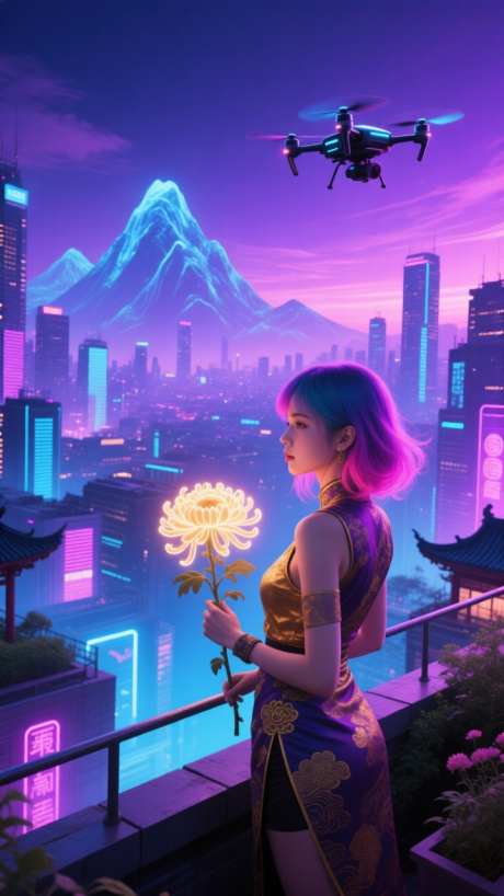 赛博朋克风重阳节_AI图片下载_euler采样_720X1280像素-美女,菊花,重阳节-作品编号:2025101609408633-志˯设`网