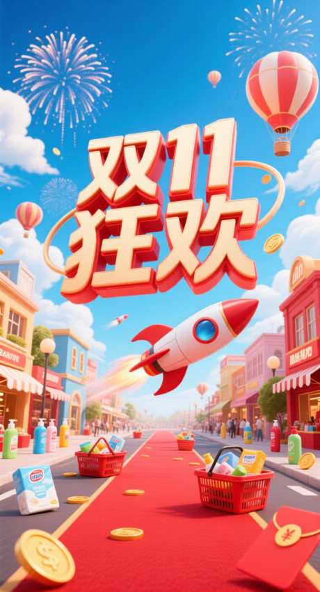 双十一狂欢海报_AI图片下载_采样_752X1392像素-购物,海报,热气球-作品编号:2025101714576481-志·设‘网