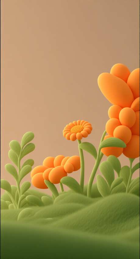 橙色背景3D膨胀花朵与毛绒质感花草_AI图片下载_采样_752X1392像素-背景,3D,膨胀-作品编号:2025101814287979-志ˈ̹设ʹ֣֤֚֫֗ׄ网