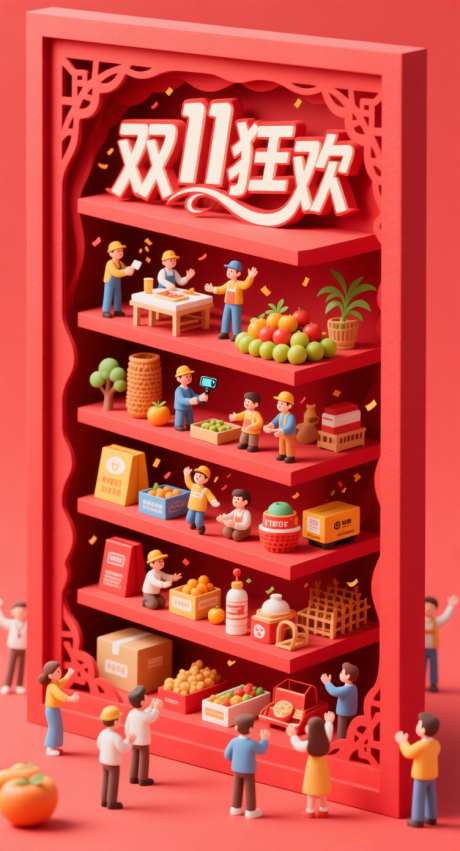 狂欢双十一_AI图片下载_采样_752X1392像素-红色,剪纸,水果-作品编号:2025102008501864-志͵设˱网