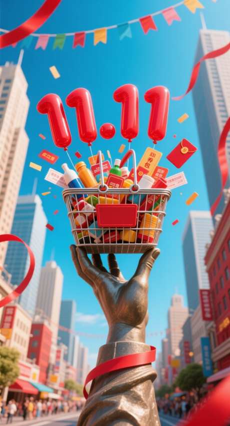 双十一购物篮_AI图片下载_采样_752X1392像素-彩带,购物篮,托举-作品编号:2025102013269047-志’设ˌ网
