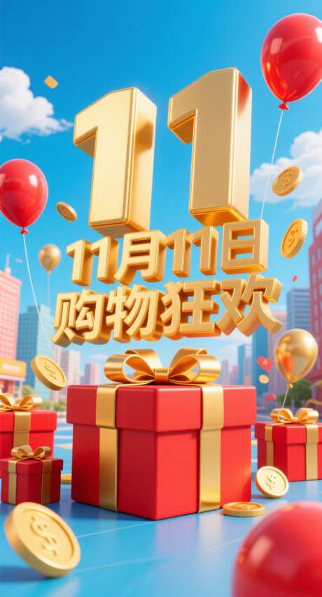 双十一购物狂欢_AI图片下载_采样_752X1392像素-气球,礼盒,礼物-作品编号:2025102113388937-志˘设ˉ网