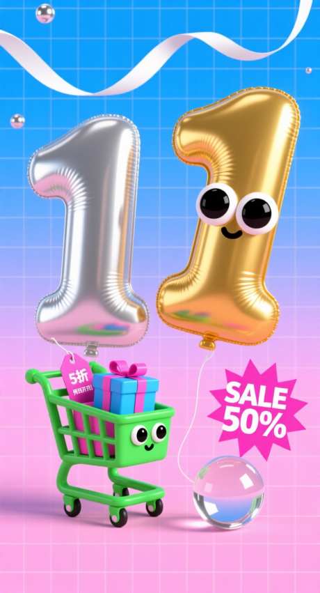 双十一促销_AI图片下载_采样_752X1392像素-礼物,数字,气球-作品编号:2025102113423864-志’设·网