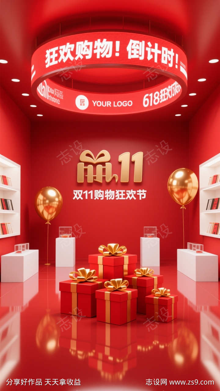红色电商双11大促活动海报