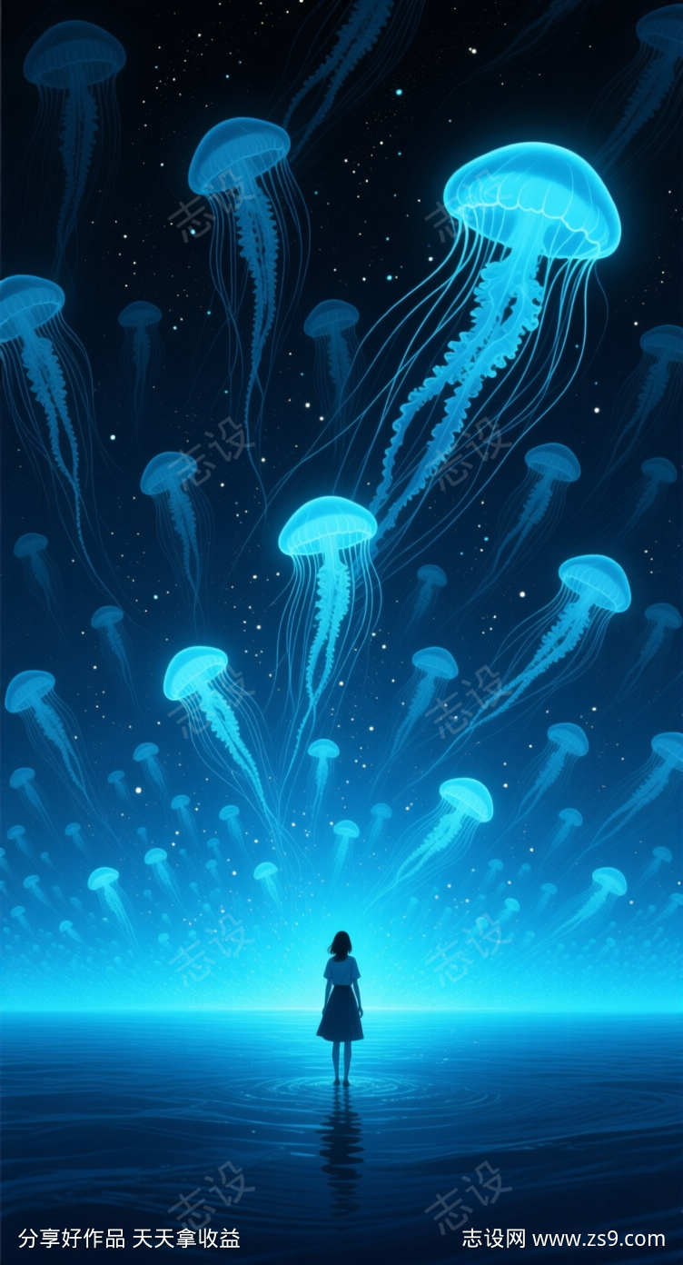 小女孩仰望水母绵长纤细延伸