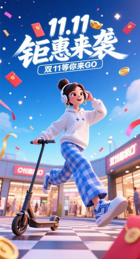 双十一钜惠等你来购_AI图片下载_采样_752X1392像素-滑板车,跳动的女孩,蓝色-作品编号:2025102211353972-志,设ˆ网