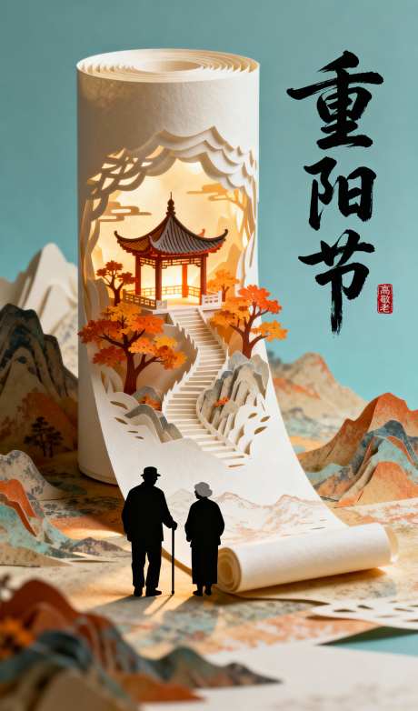 国潮重阳节立体纸雕海报_AI图片下载_采样_1152X2048像素-立体,海报,插画-作品编号:2025102213268599-志˱设‘网