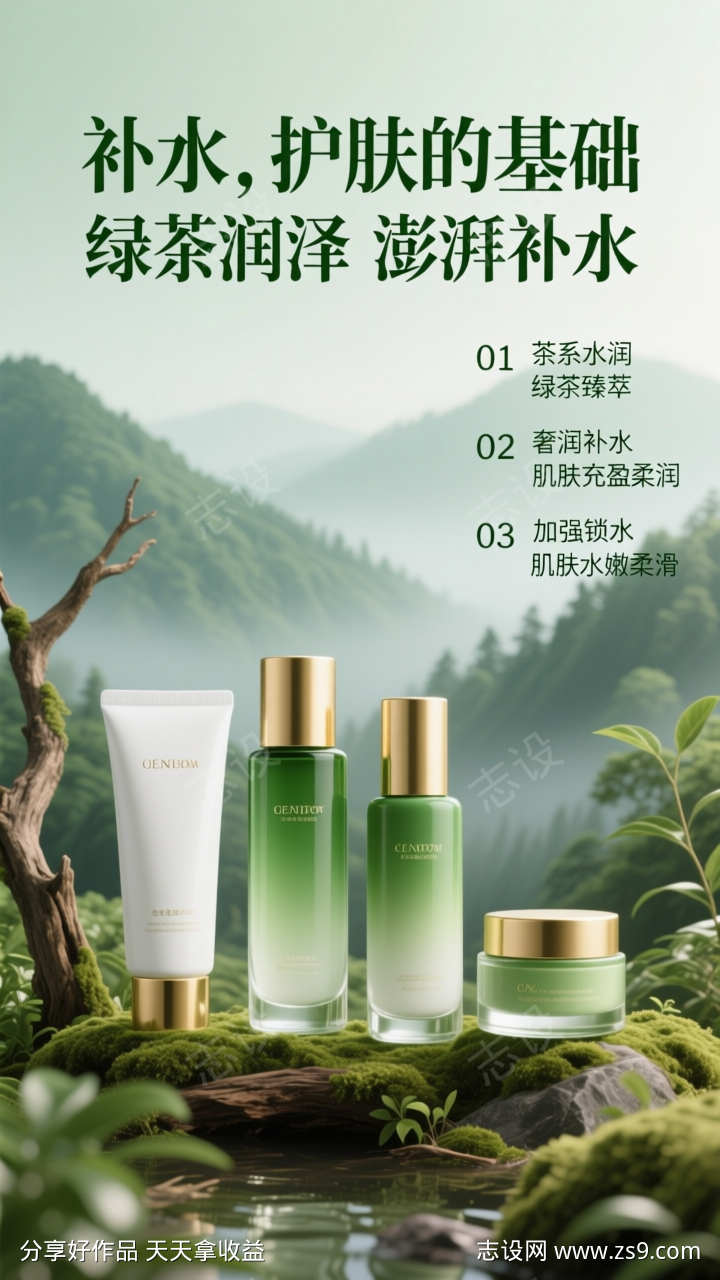 绿色清新背景电商美妆产品海报