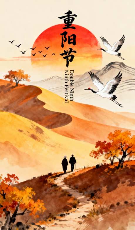 重阳节海报_AI图片下载_采样_1152X2048像素-远山,暖色调,山坡-作品编号:2025102417204240-志′设·网