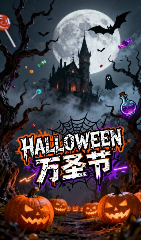 万圣节海报_AI图片下载_采样_1152X2048像素-月亮,树木,森林-作品编号:2025102417216367-志·设ˈ̹网