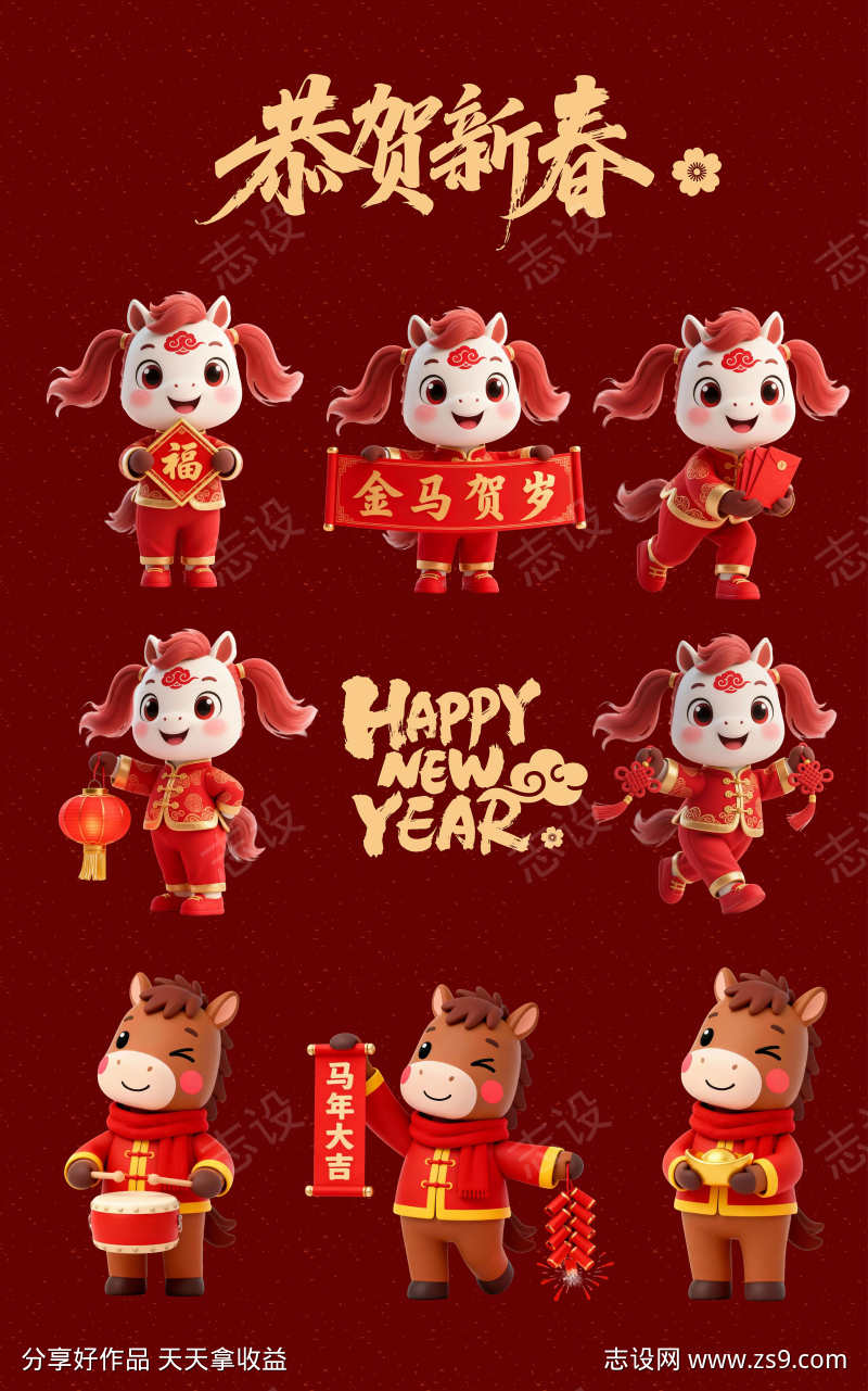 马年卡通形象插画