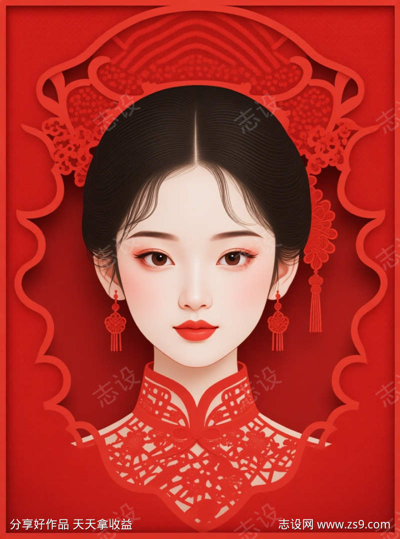 中国女孩肖像剪纸