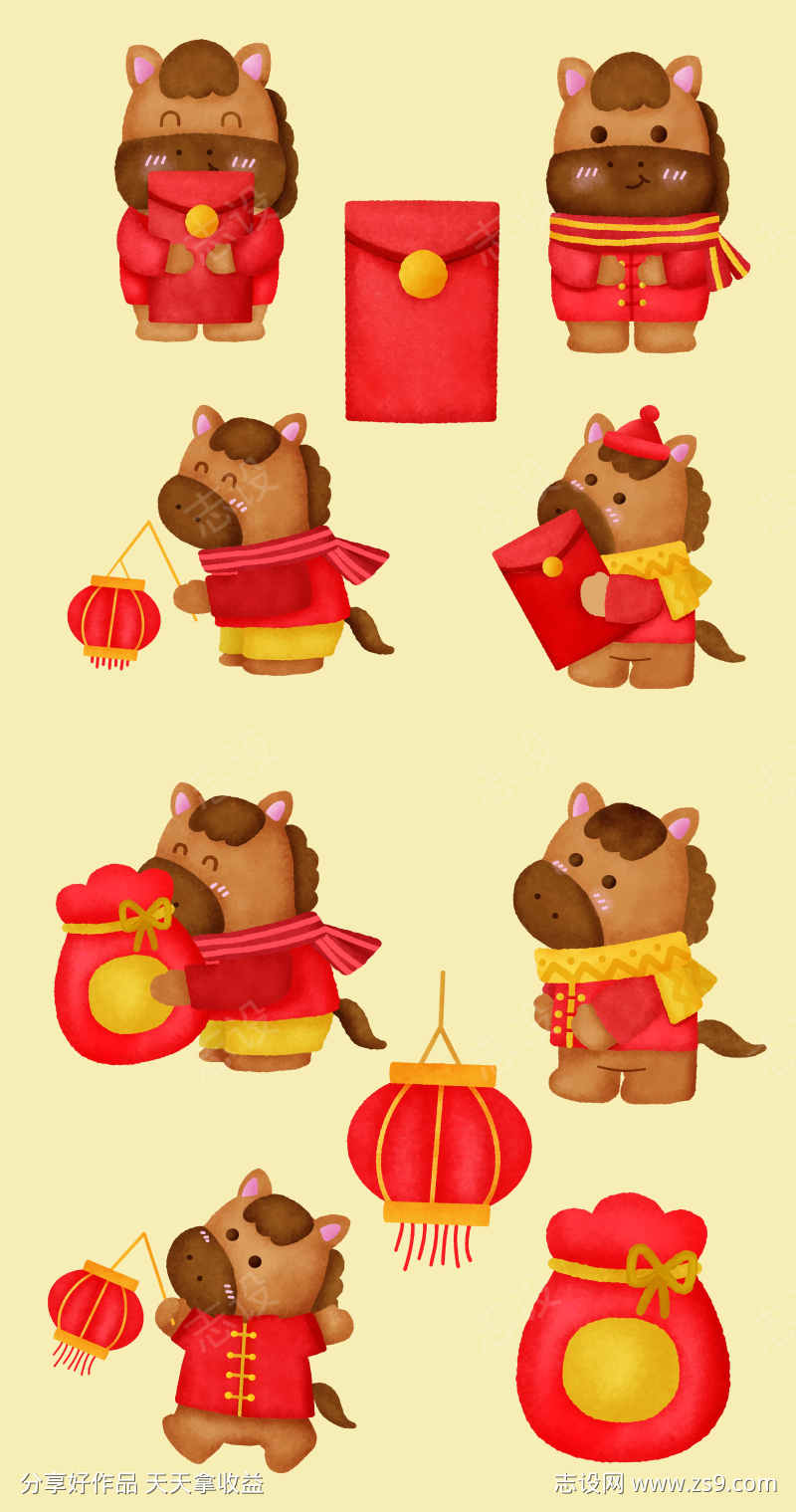 马年新年元素卡通贴纸