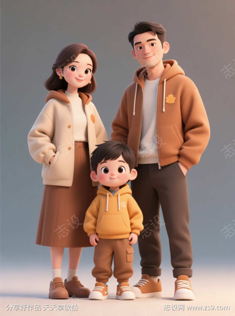 Q板风格的爸爸妈妈带着个小男孩