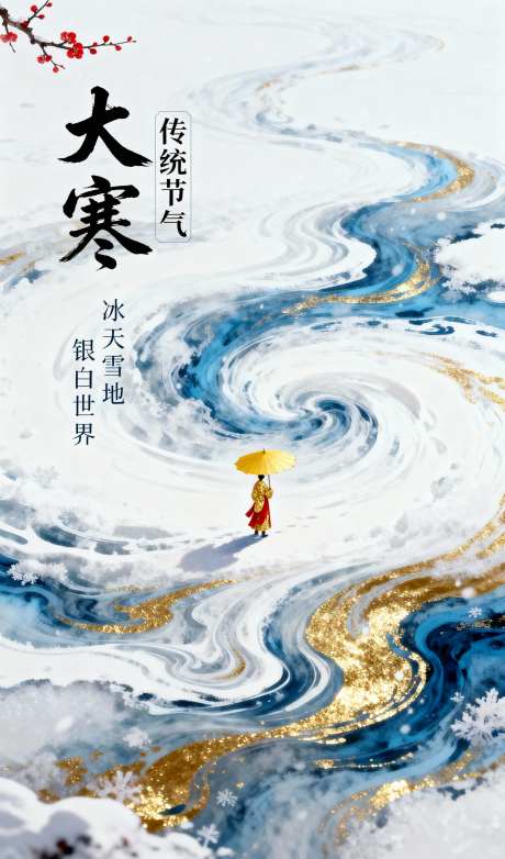 大寒节气海报_AI图片下载_采样_1152X2048像素-黄色油纸伞,梅花,蓝金-作品编号:2025110918516287-志ˈ̹设ˉ网