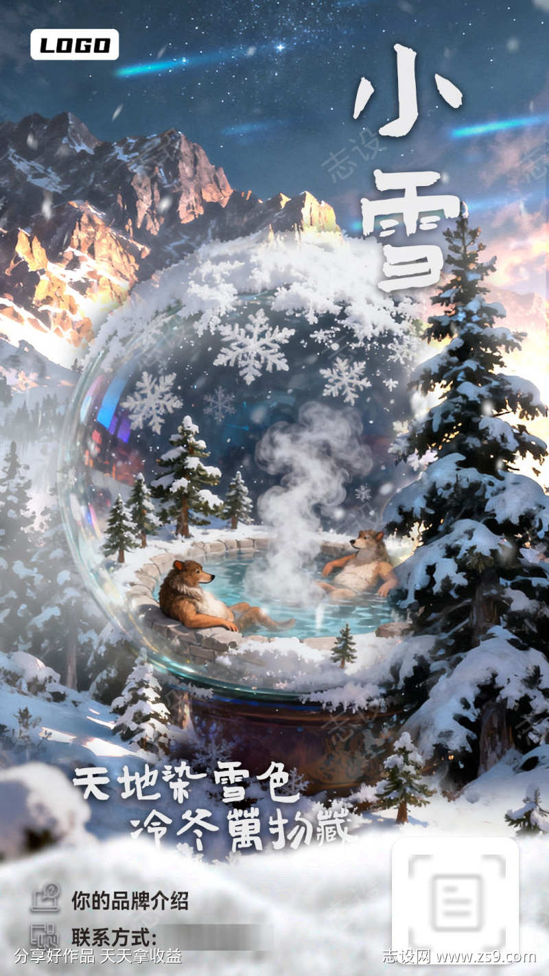 小雪节气小狗玻璃球泡澡创意海报