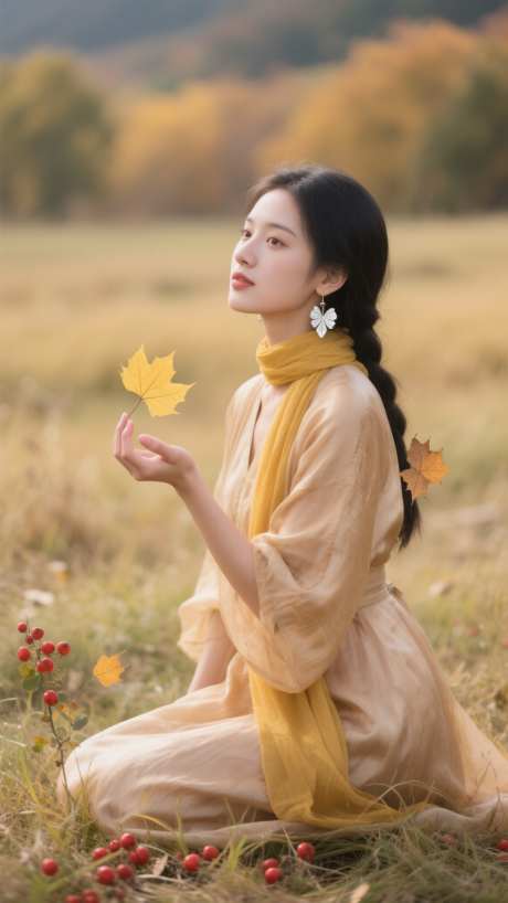 秋季草地上的女性人物