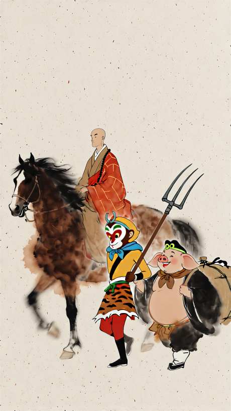 颗粒纹理水彩画西游记