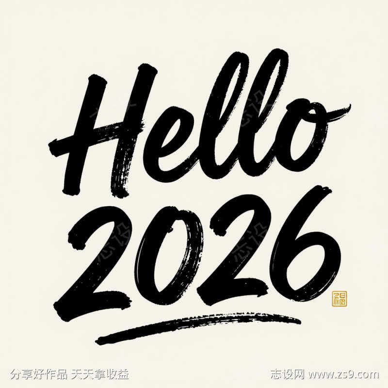 黑色草书狂野奔放字体Hello2026