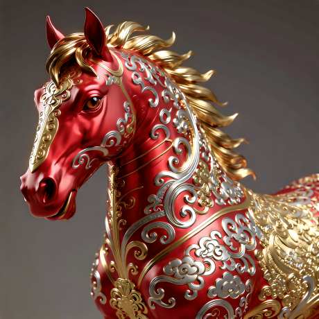 东方美学风格红色的金马_AI图片下载_euler采样_4096X4096像素-风格,红色,金马-作品编号:2026010808576043-志’设`网