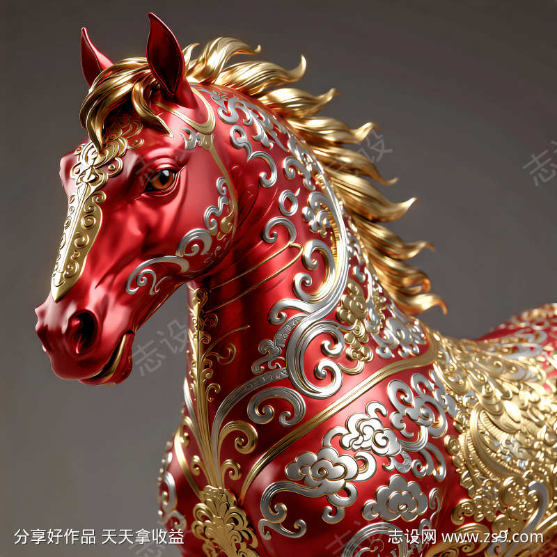 东方美学风格红色的金马