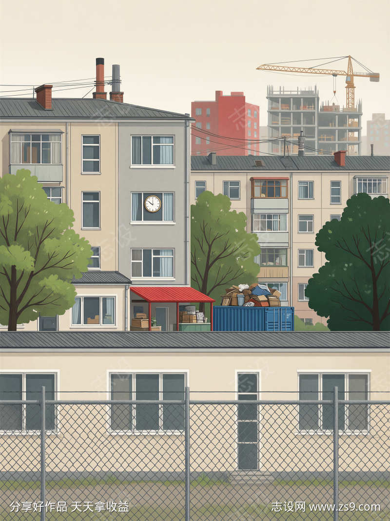 风格柔和城市居民区插画