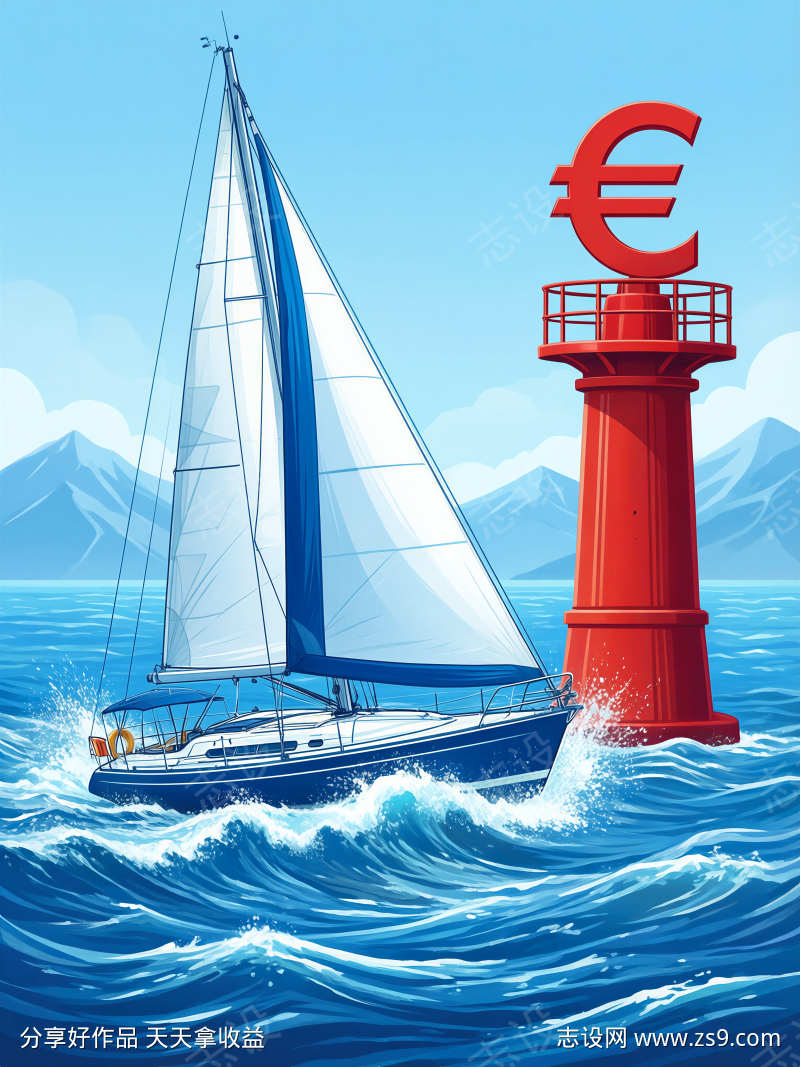 白蓝帆船航海插画