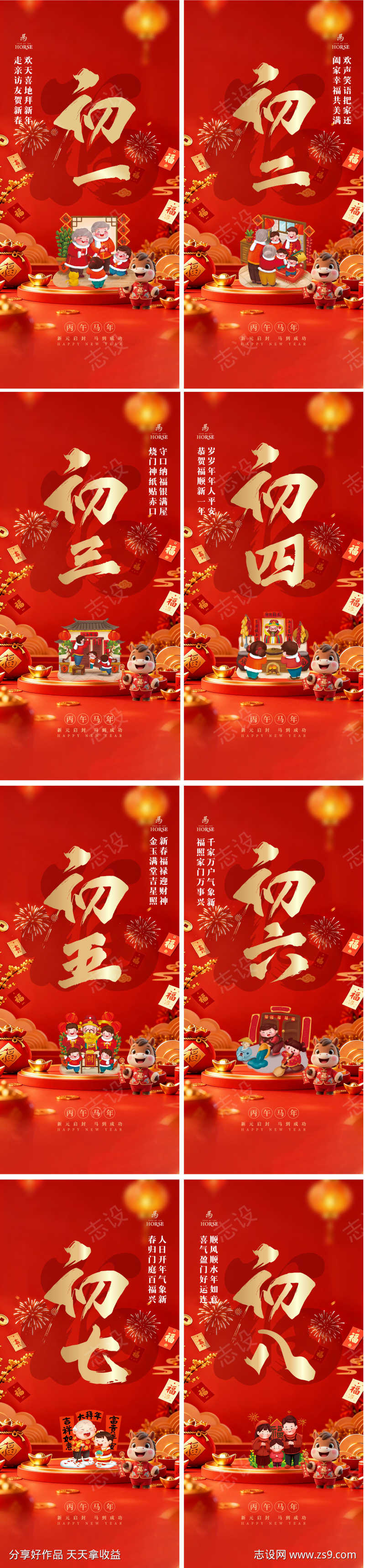 初一至初八春节习俗系列海报