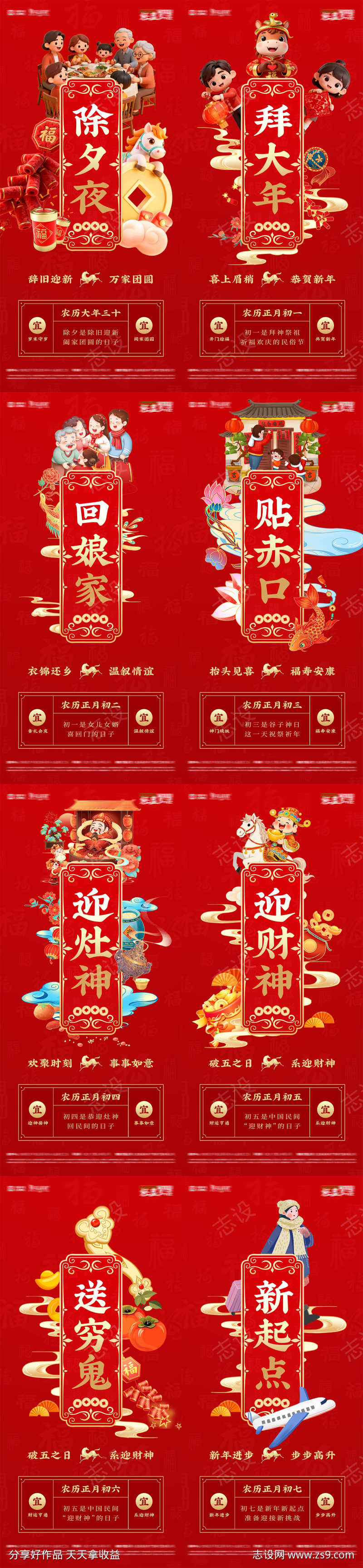 大年初一到初七年味道除夕新春习俗海报