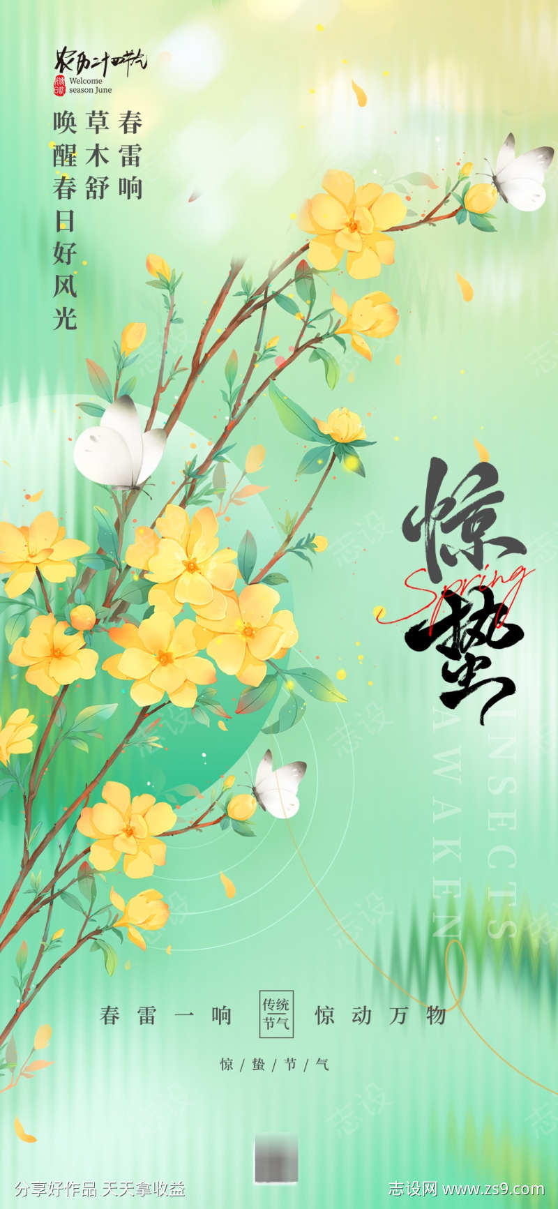 绿色小清新惊蛰传统春日节气花朵蝴蝶海报