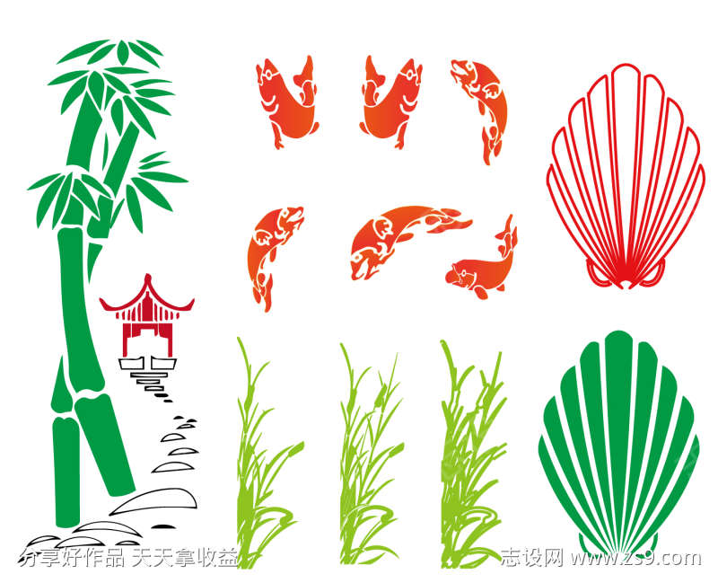 竹子亭子小鱼贝壳草