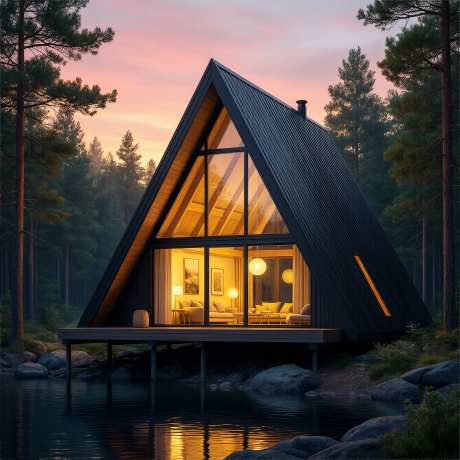 氛围感现代林间小屋插画图