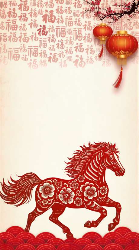 马年新春壁纸新中式剪纸海报壁纸