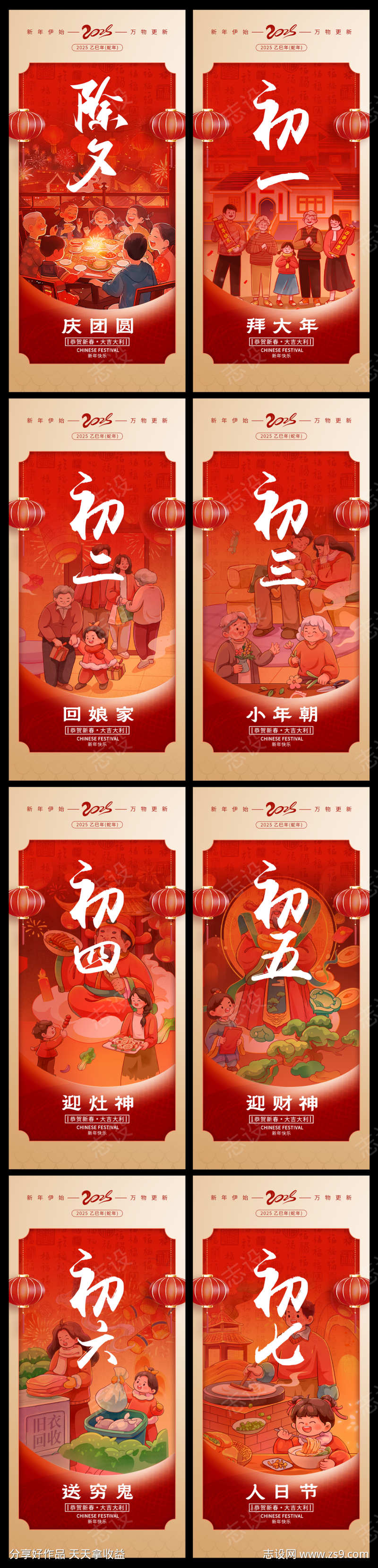 2025蛇年除夕新年年俗系列海报