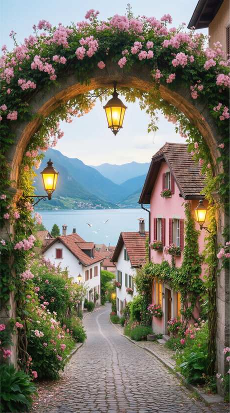 童话镇春日小镇温柔治愈拱门壁纸