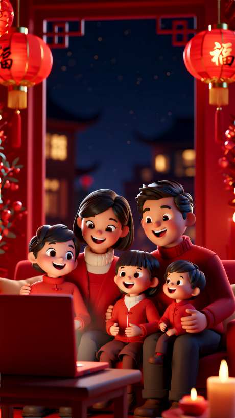 3D插画风格一家人看春晚