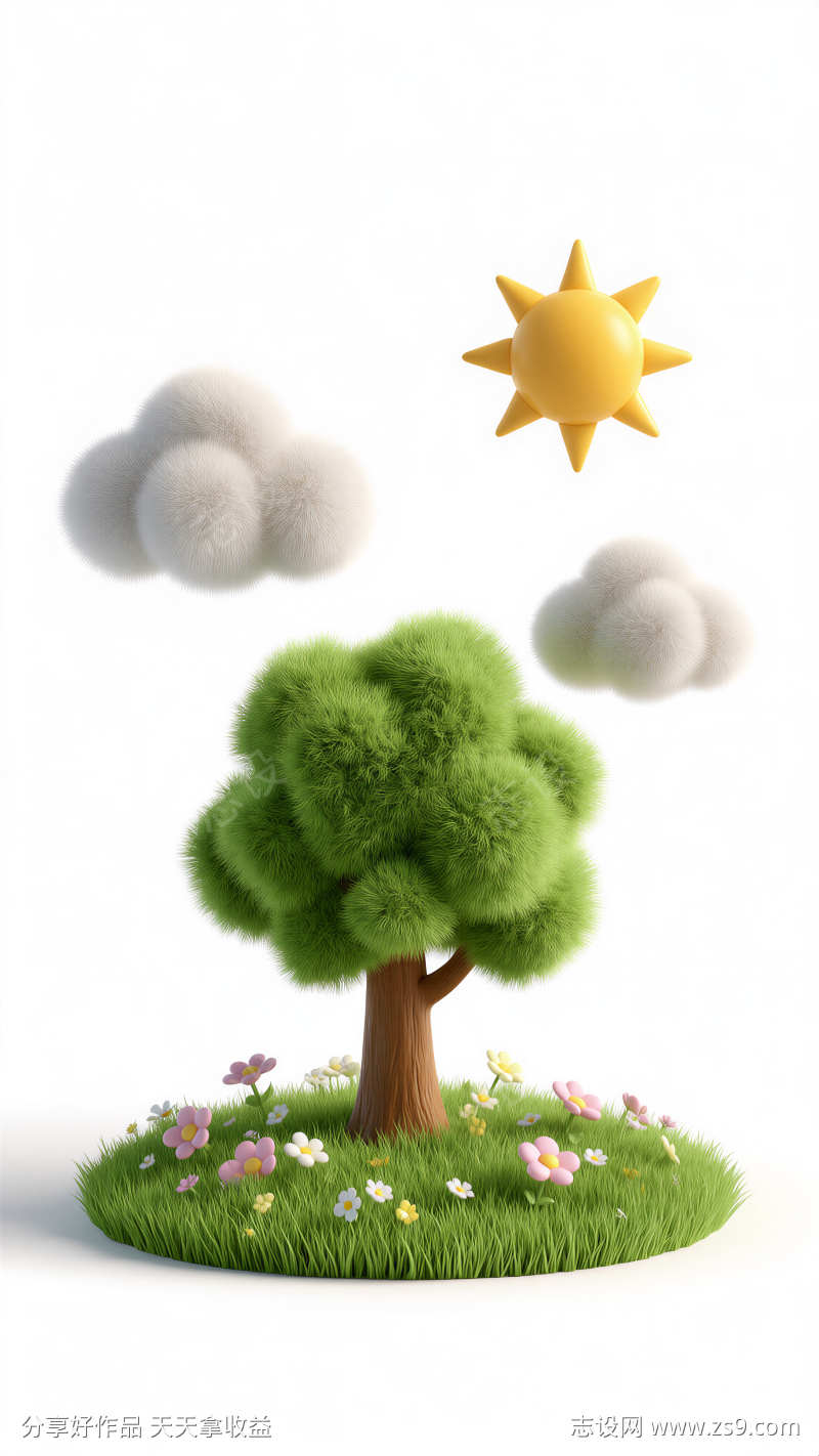 毛茸茸插画风格植树节元素