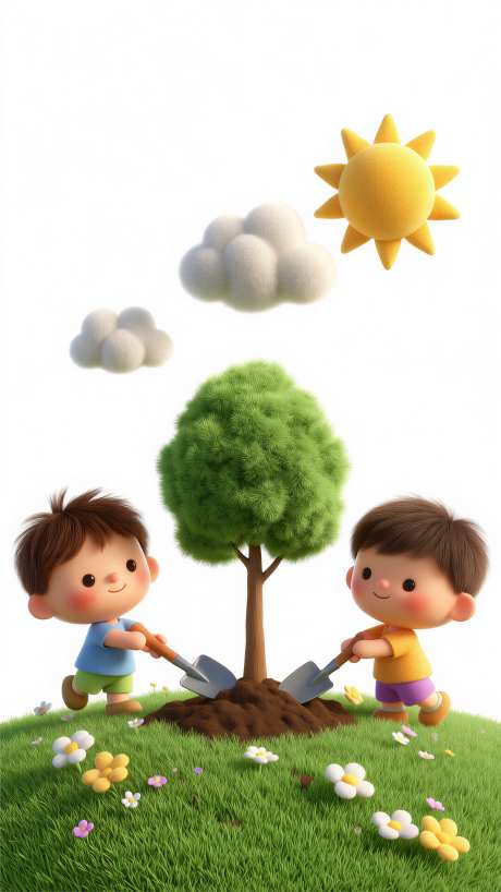 毛茸茸插画风格植树节元素_AI图片下载_采样_2304X4096像素-云朵,3d插画风格,植树节-作品编号:2026030817232892-志′设`网