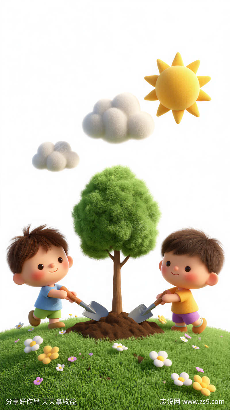 毛茸茸插画风格植树节元素