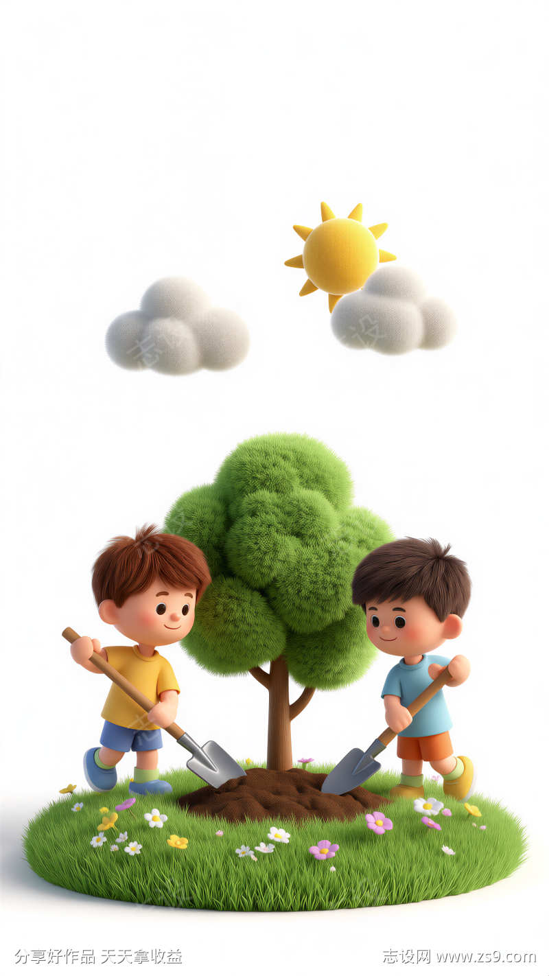 毛茸茸插画风格植树节元素