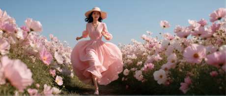 春日人物花丛中奔跑摄影图