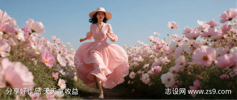 春日人物花丛中奔跑摄影图